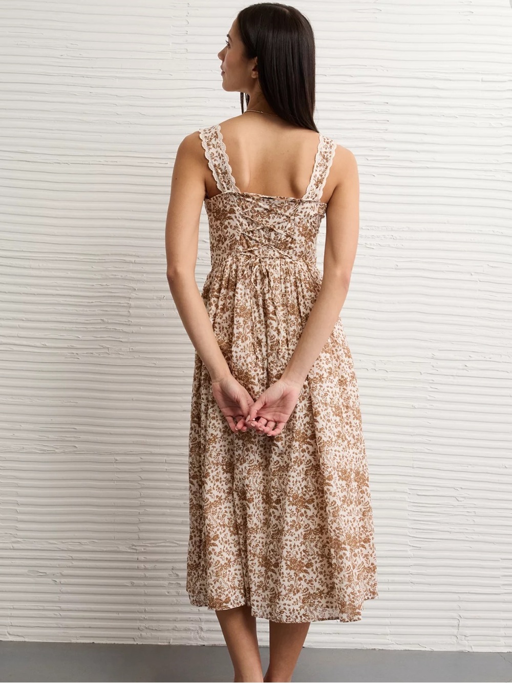 American Eagle Outfitters Cream and Brown Floral Midi Dress - Picture 2 of 13